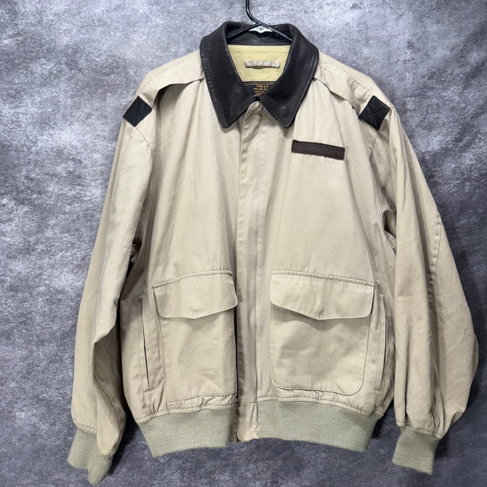Cockpit Type A-2 Flight Jacket Mens L Khaki Avaiator Bomber Leather Collar Army